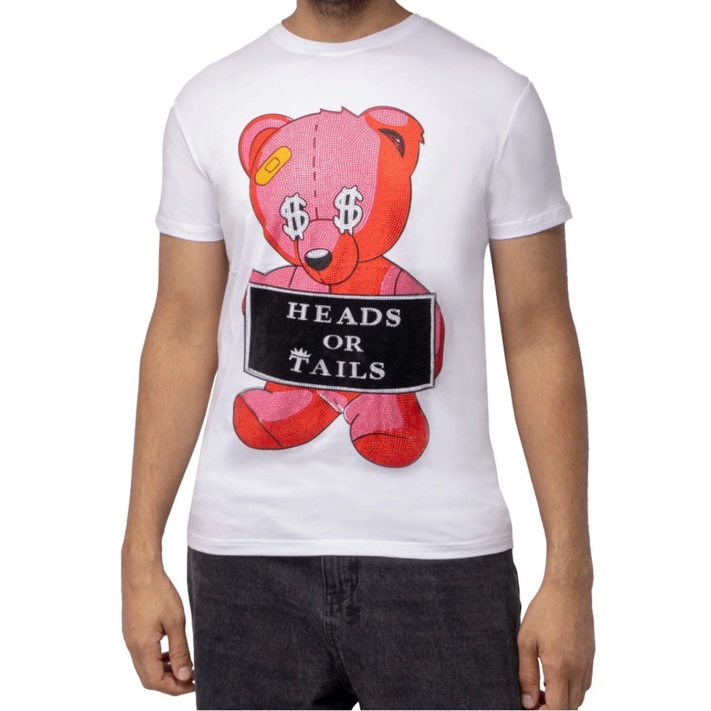 Heads Or Tails Mens M Rhinestone Tee featuring a Red Teddy Cash Bear Graphic